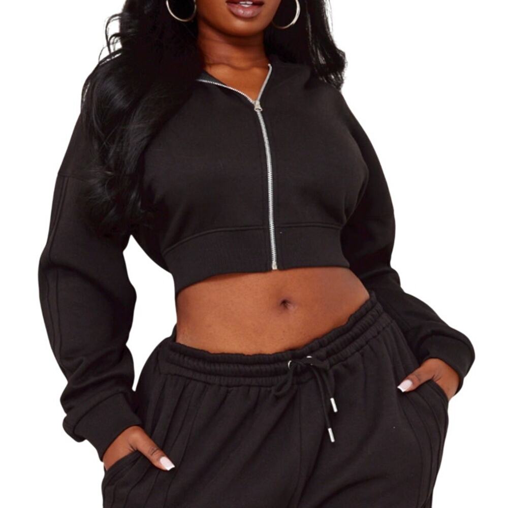 PrettyLittleThing Seam Detail Zip Up Hoodie in Black, Size L